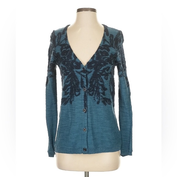 Moth Sweaters - Moth Teal Cardigan with Navy Floral Design